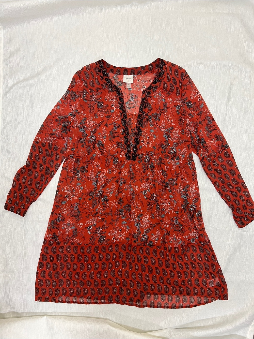 Knox Rose Burnt Orange Floral Midi Dress with Blue and Cream Accents - Picture 2 of 10